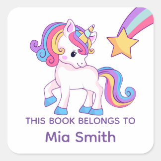 Sticker Carré Licorne Pastel  "Ce Livre Appartient" Nom de l'Enf