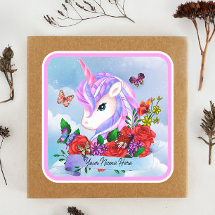 Sticker Carré licorne rose et violette avec roses rouges