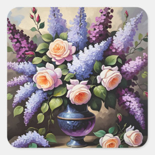 Sticker Carré Lilas vintages et roses en vase