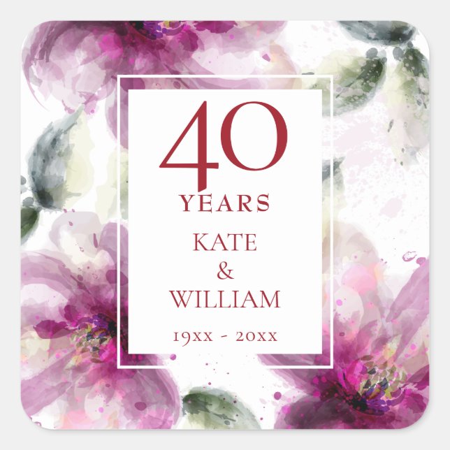 Sticker Carré Lilies Floral 40e Anniversaire Mariage de Ruby (Devant)