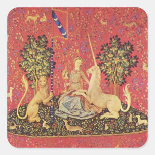 Sticker Carré L'image de la Tapisserie médiévale Unicorn et Maid