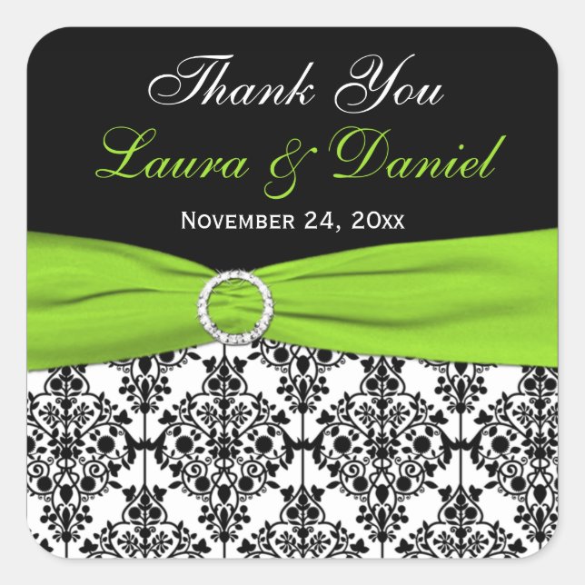 Sticker Carré Lime, Blanc et Black Mariage damassé Favoriser (Devant)