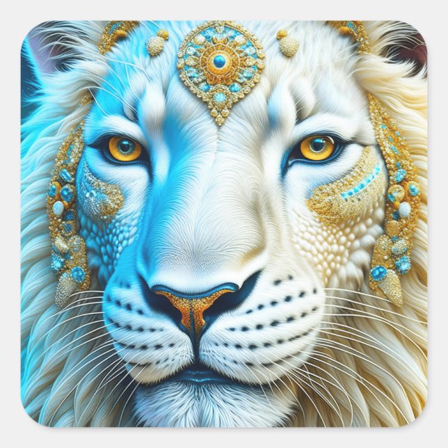 Sticker Carré Lion blanc et or majestueux (Devant)