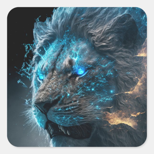 Sticker Carré Lion de feu bleu cosmique (Devant)