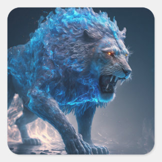 Sticker Carré Lion feu Flames bleu
