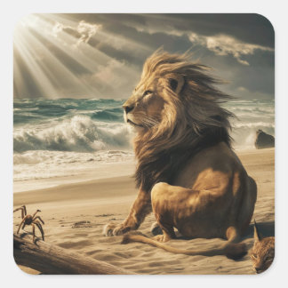 Sticker Carré Lion observant les vagues sur la plage