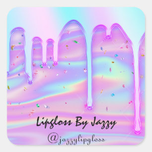 Sticker Carré Lipgloss maquillage rose gouttes bleu Holographiqu