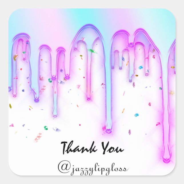 Sticker Carré Lipgloss maquillage rose Unicorne gouttes Holograp (Devant)