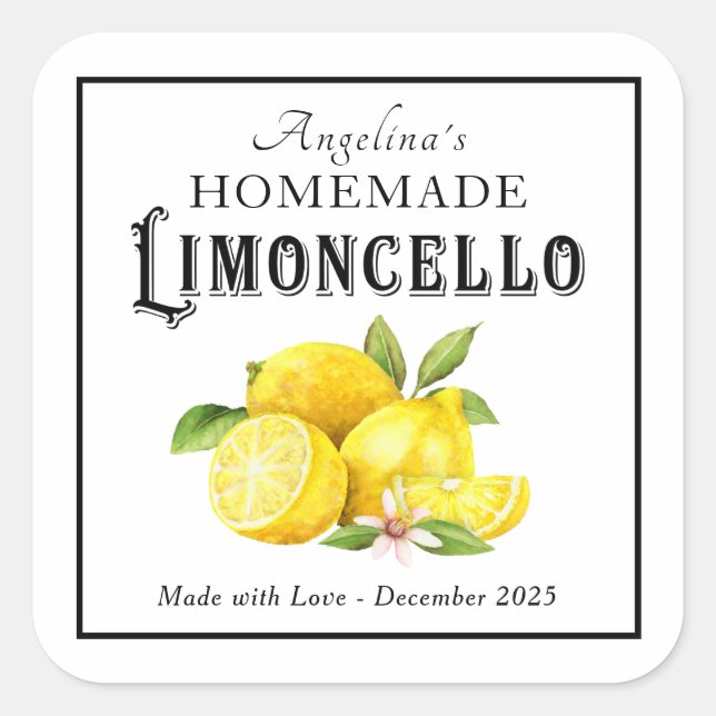 Sticker Carré Liqueur italien Limoncello fait maison avec nom (Devant)