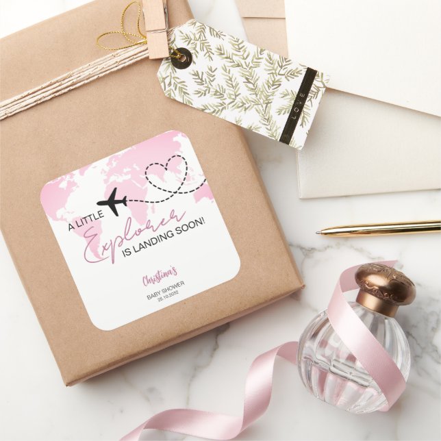 Sticker Carré Little Explorer World Map Baby shower rose (Cadeaux)