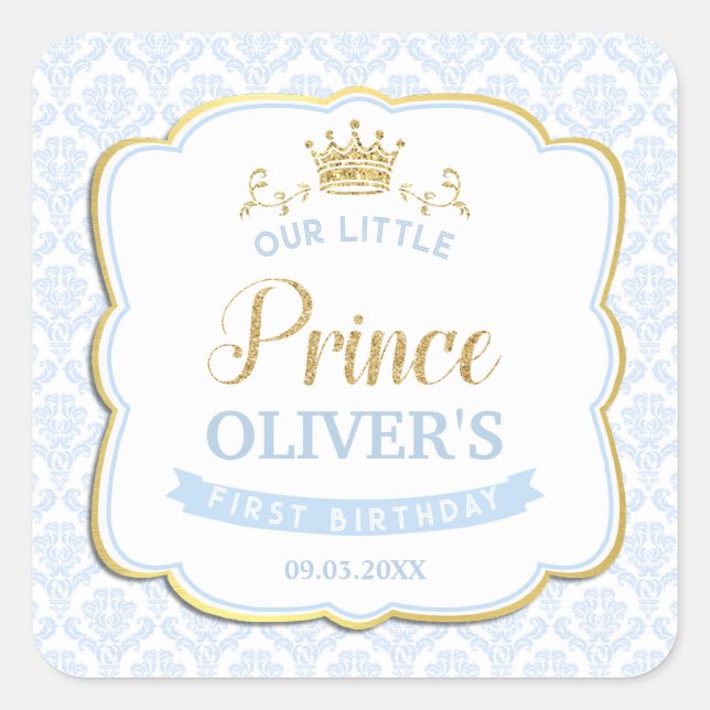 Sticker Carré Little Prince Blue Damask Gold Crown 1er anniversa (Devant)