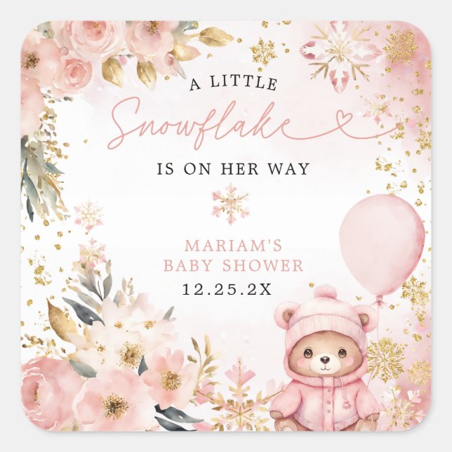 Sticker Carré Little Sweetheart Pink Floral Bear Baby Shower  (Devant)