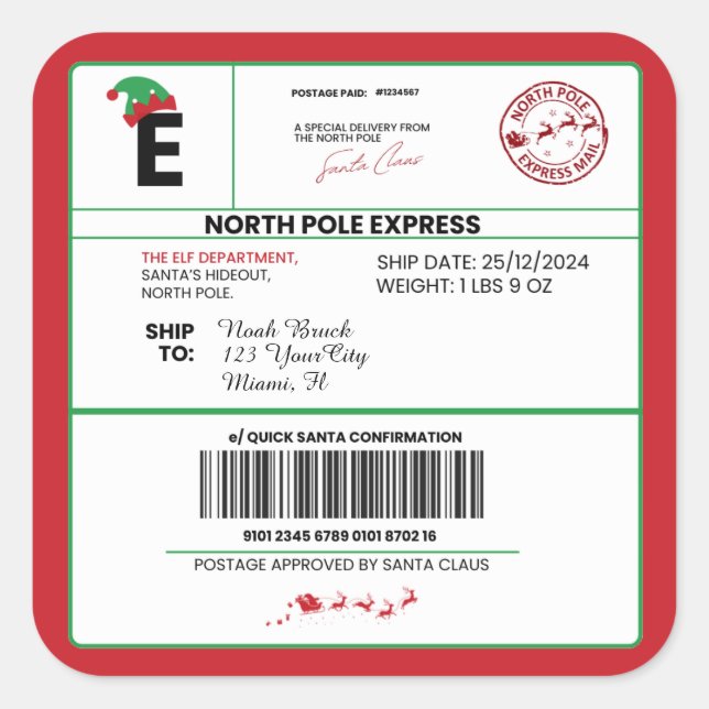 Sticker Carré Livraison de Noël par Père Noël North Pôle, (Devant)