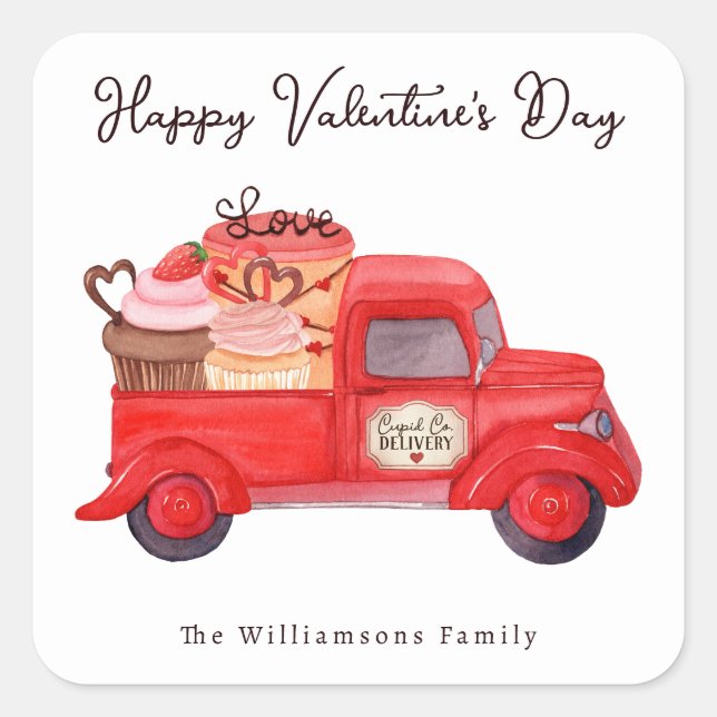 Sticker Carré Livraison de Saint Valentin Cupid Camion d'aquarel (Devant)