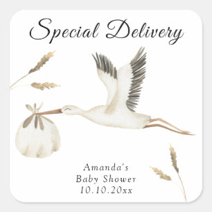 Sticker Carré Livraison spéciale Baby shower de cigogne d'aquare