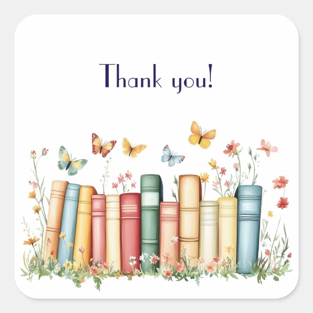 Sticker Carré Livres et fleurs Merci (Devant)