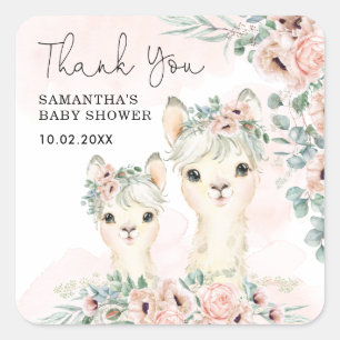 Sticker Carré Llama florale Eucalyptus Baby Girl Merci
