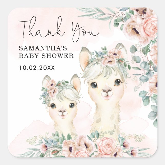 Sticker Carré Llama florale Eucalyptus Baby Girl Merci (Devant)