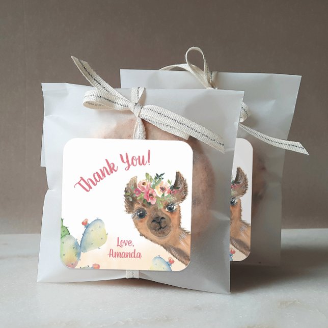 Sticker Carré Llama personnalisé (Personalized llama party favor stickers.)