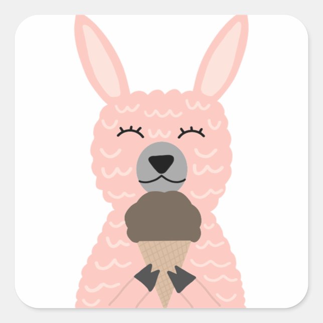 Sticker Carré Llama Rose Cute Manger Crème De Glace (Devant)