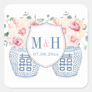 Sticker Carré Logo du Mariage Rose Blush Pink et Navy Chinoiseri