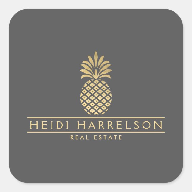 Sticker Carré Logo élégant à ananas doré sur gris (Devant)