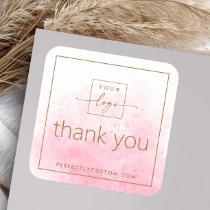 Sticker Carré Logo Elegant rose blanc aquarelle merci