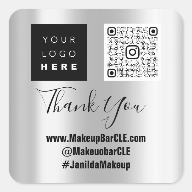 Sticker Carré Logo QR Code Nom Merci Shopping Web Social Silver (Devant)