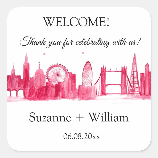Sticker Carré Londres Angleterre skyline Pink Favors Mariage (Devant)