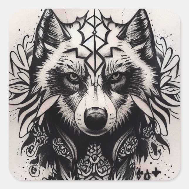 Sticker Carré Lone Wolf Tribal Tattoo Wolfs Powerwolf Pack (Devant)
