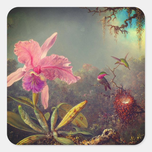 Sticker Carré L'orchidée de Cattleya et trois colibris Heade (Devant)