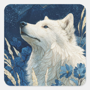 Sticker Carré Loup blanc aux fleurs bleues et nuit étoilée