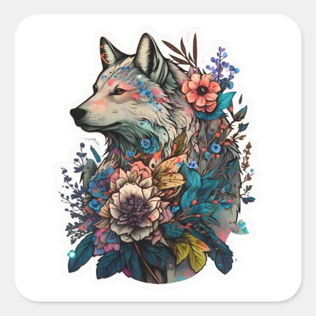Sticker Carré Loup Coloré Avec Fleurs (Devant)