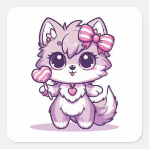 Sticker Carré Loup Cute Kawaii Avec Lollipop