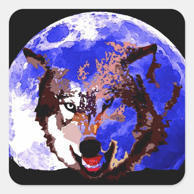 Sticker Carré Loup et Pleine lune (Devant)