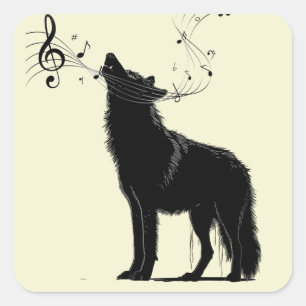 Sticker Carré Loup hurlant Musique Notes Animal drôle