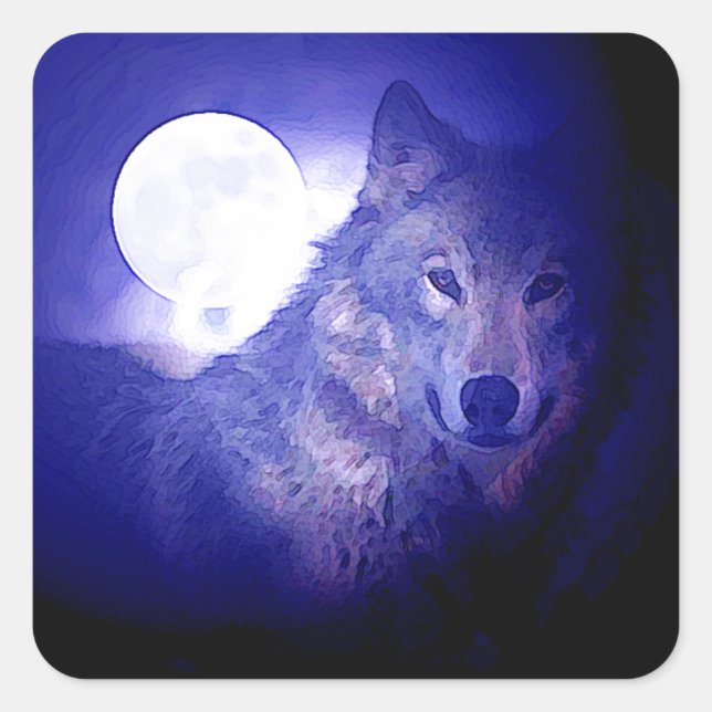 Sticker Carré Loup, Lune et Nuit Bleue (Devant)