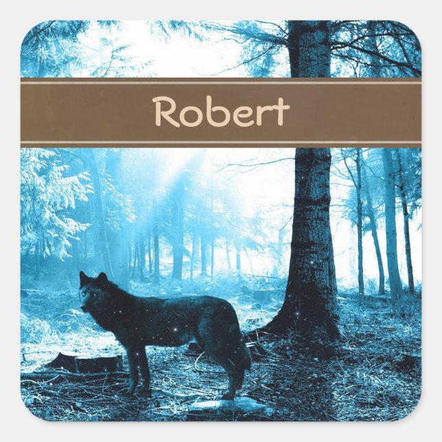 Sticker Carré Loup noir customisé seul dans la forêt (Devant)