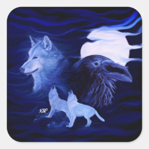 Sticker Carré Loups et Raven avec la pleine lune