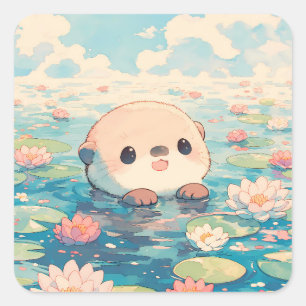 Sticker Carré Loutre heureuse dans l'étang de fleurs de lotus