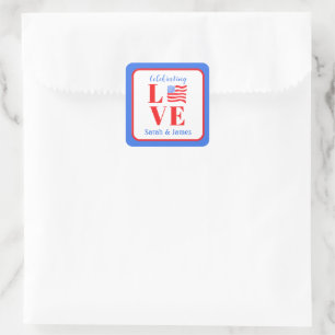 Sticker Carré LOVE Aquarelle Drapeau Américain NOM Mariée 