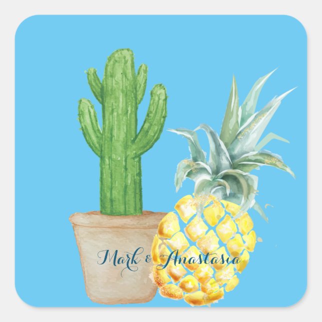 Sticker Carré Love Blue Pineapple and Cactus (Devant)