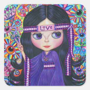 Sticker Carré Love Headband Hippie Girl Doll Psychedelic Purple