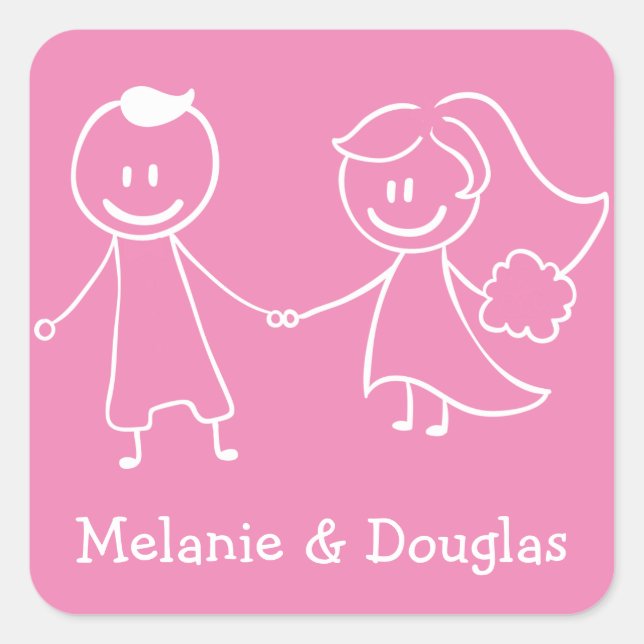 Sticker Carré Love Mariée & Groom Mariage rose et blanc (Devant)