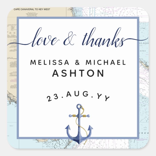 Sticker Carré Love & Merci Nautical Ancre Mariage | Floride (Devant)