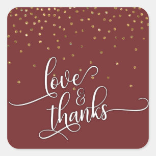 Sticker Carré Love & Merci Script, Gold Confetti et Bourgogne