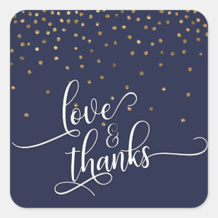 Sticker Carré Love & Merci Script, Gold Confetti et Navy Blue