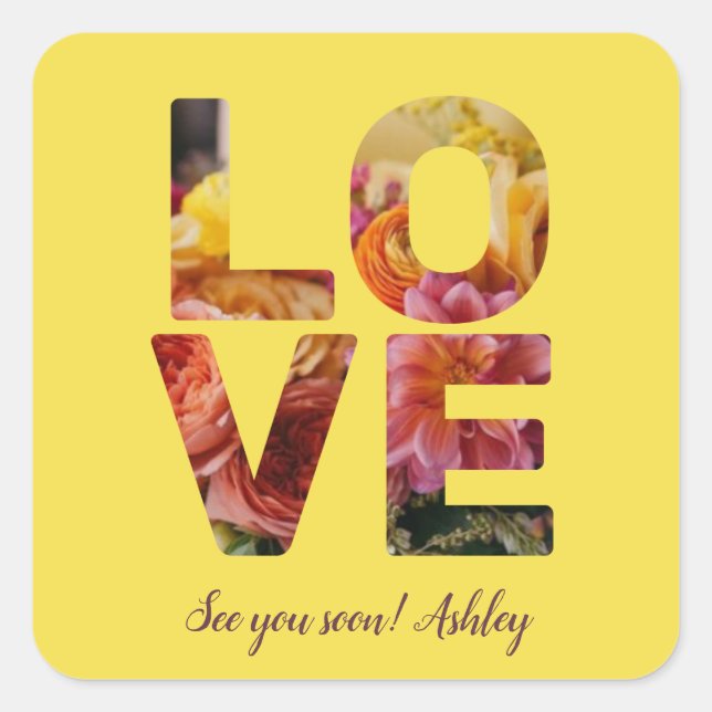 Sticker Carré LOVE Valentine Thème personnalisable Photo Floral (Devant)