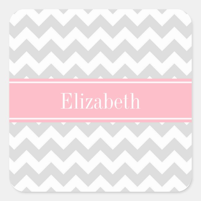 Sticker Carré Lt Grey White Chevron Zigzag Pink Nom Monogramme (Devant)