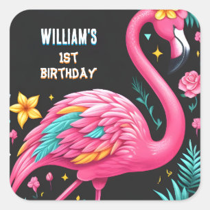 Sticker Carré Luau Fly Pink Flamant rose Pool Party 1er annivers